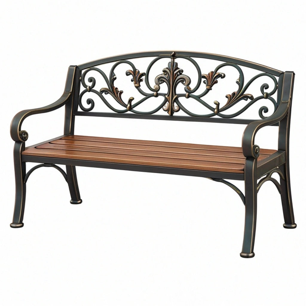 Ławka ogrodowa 120 x 60 x 90 cm z metalu i drewna brązowo-czarna w stylu klasycznym
