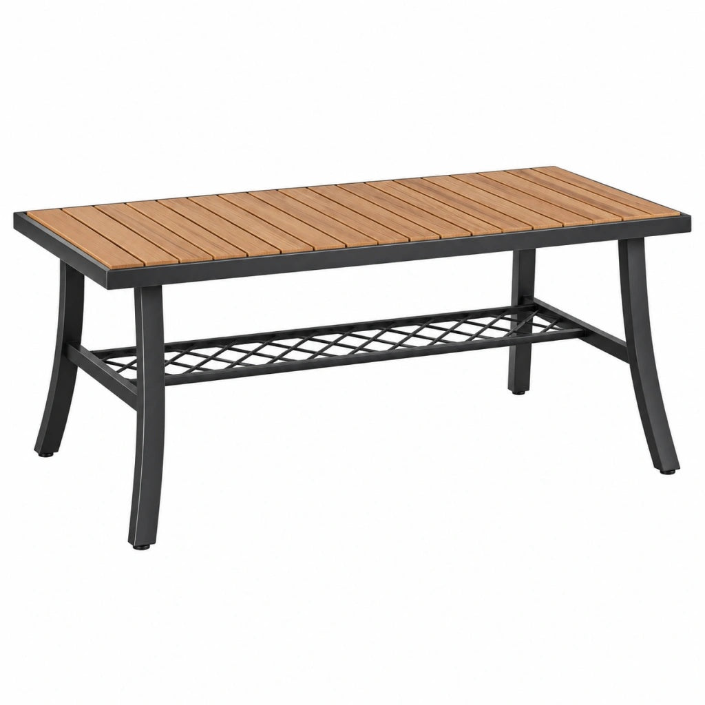 Stolik kawowy ogrodowy 110 x 60 x 45 cm z drewna i metalu brązowo-czarny z półką